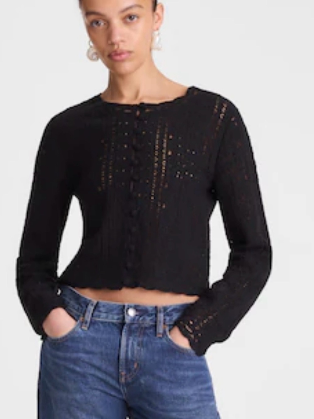 Madewell Black Cropped Eyelet-Detail Knit Cardigan